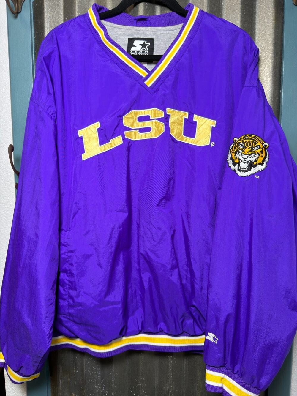 Vintage Starter LSU Tigers Pullover Windbreaker Jacket XL Purple Gold V-Neck 90s